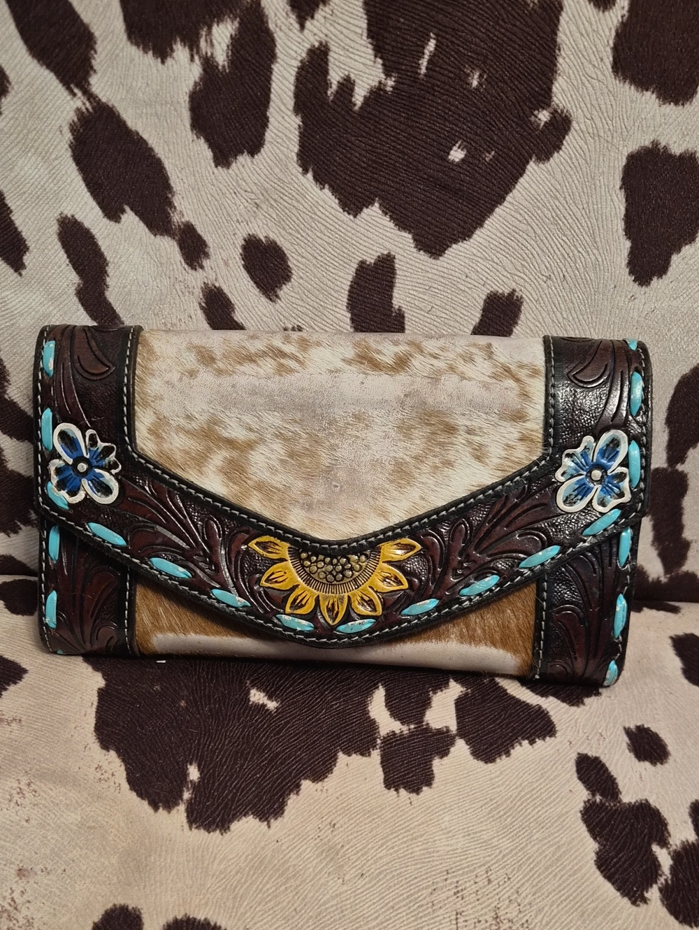 Brown Cowhide Wallet with Turquoise/ Yellow Floral Tooled Accents